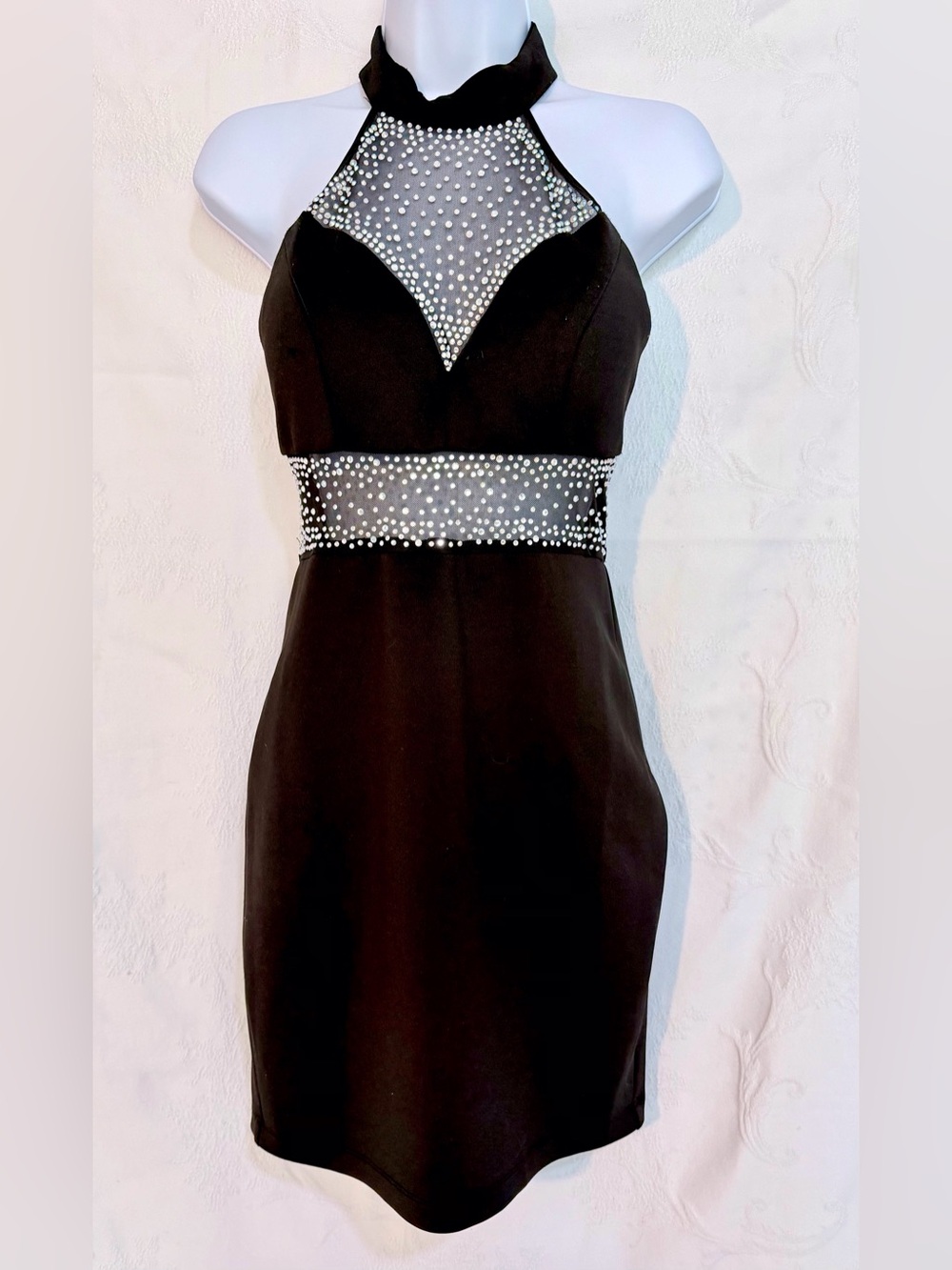B. Smart Black Halter Mini Dress with Rhinestone Mesh D0055